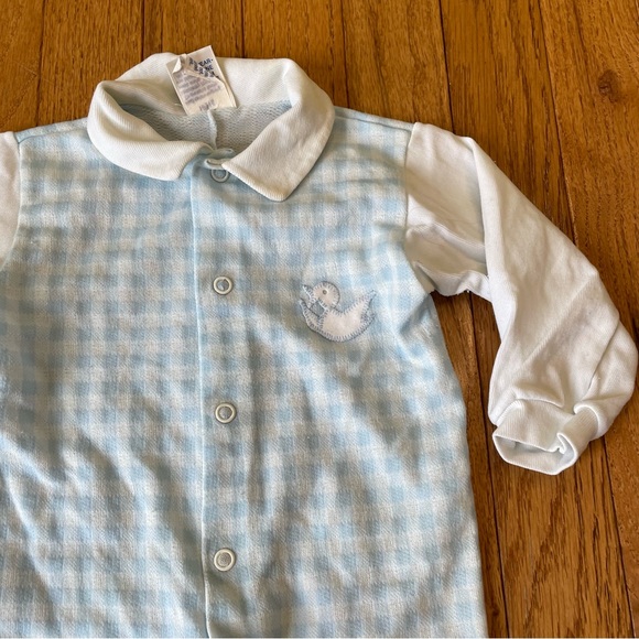 VINTAGE BABY BLISS BLUE GINGHAM EMBROIDERED DUCK GRAPHIC PAJAMAS SIZE 6 MONTHS - Picture 4 of 7